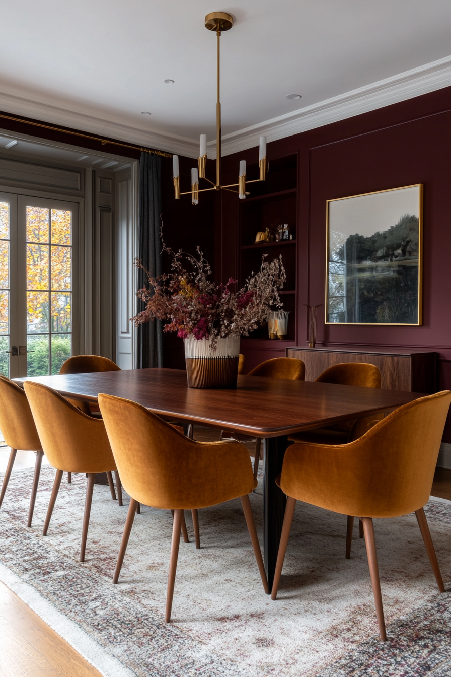 Burgundy and ochre yellow for a rich, warm mid-century palette.