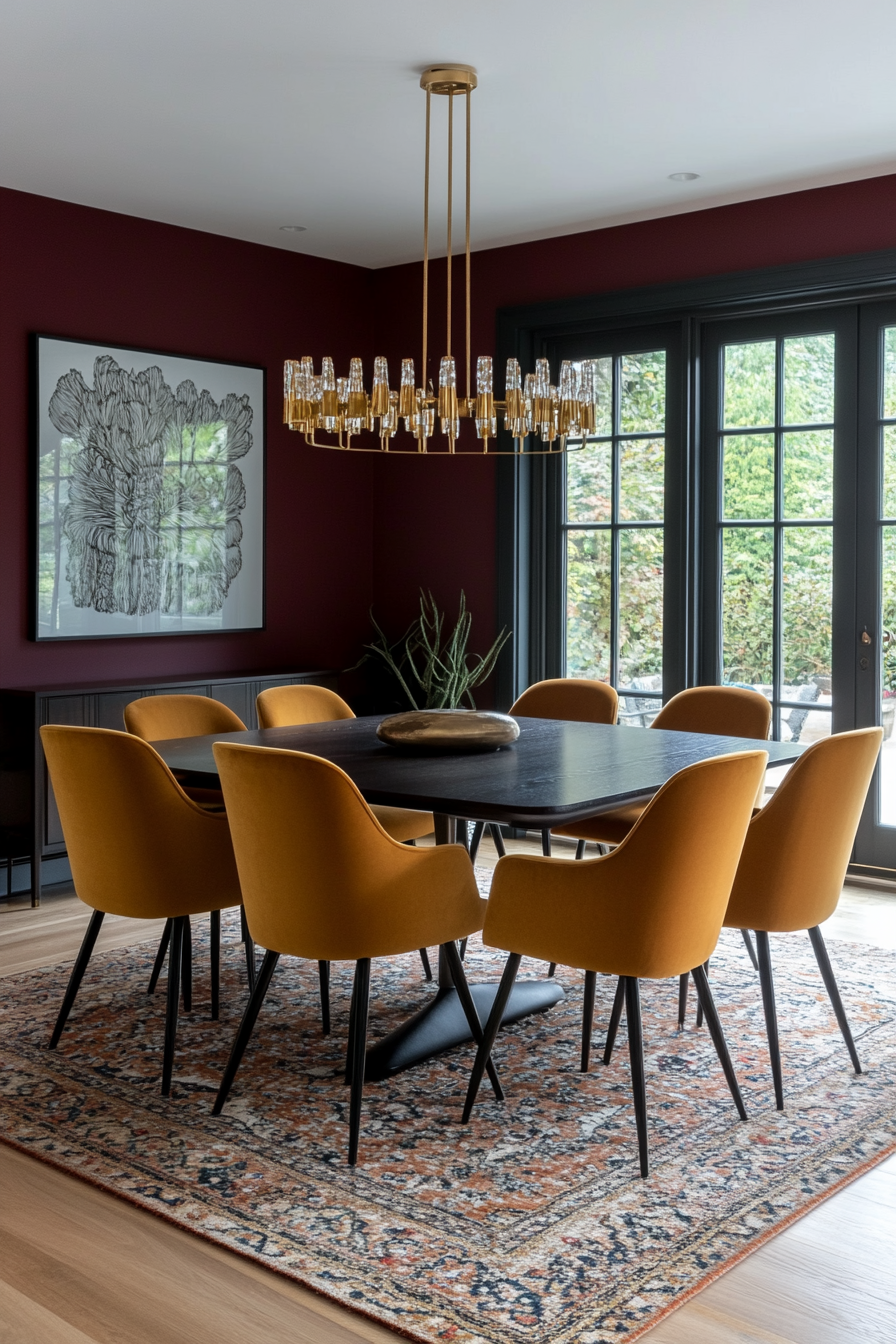 Burgundy and ochre yellow for a rich, warm mid-century palette.