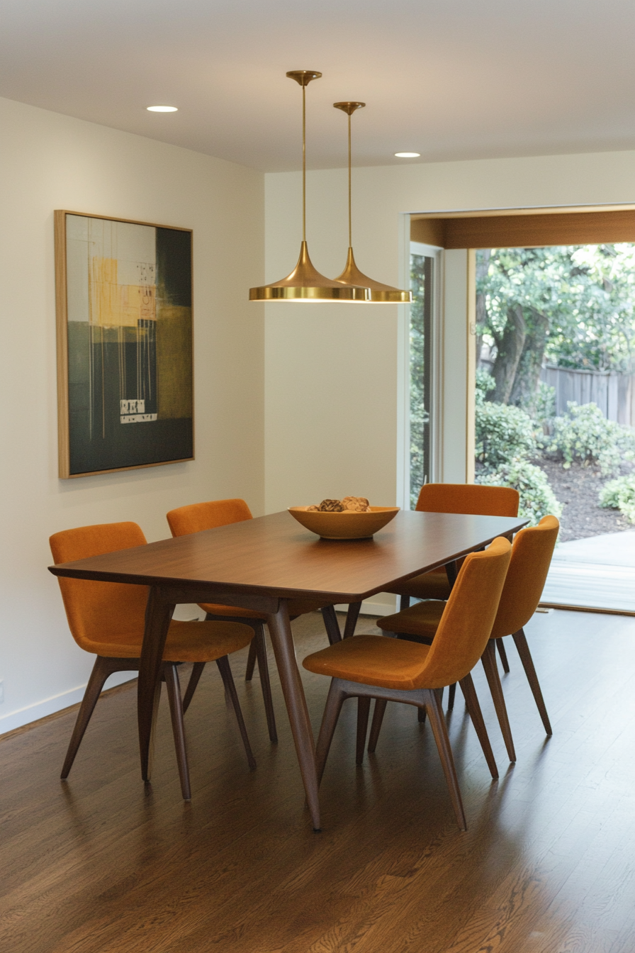 A warm palette of orange, teak, and cream for a cozy mid-century look.