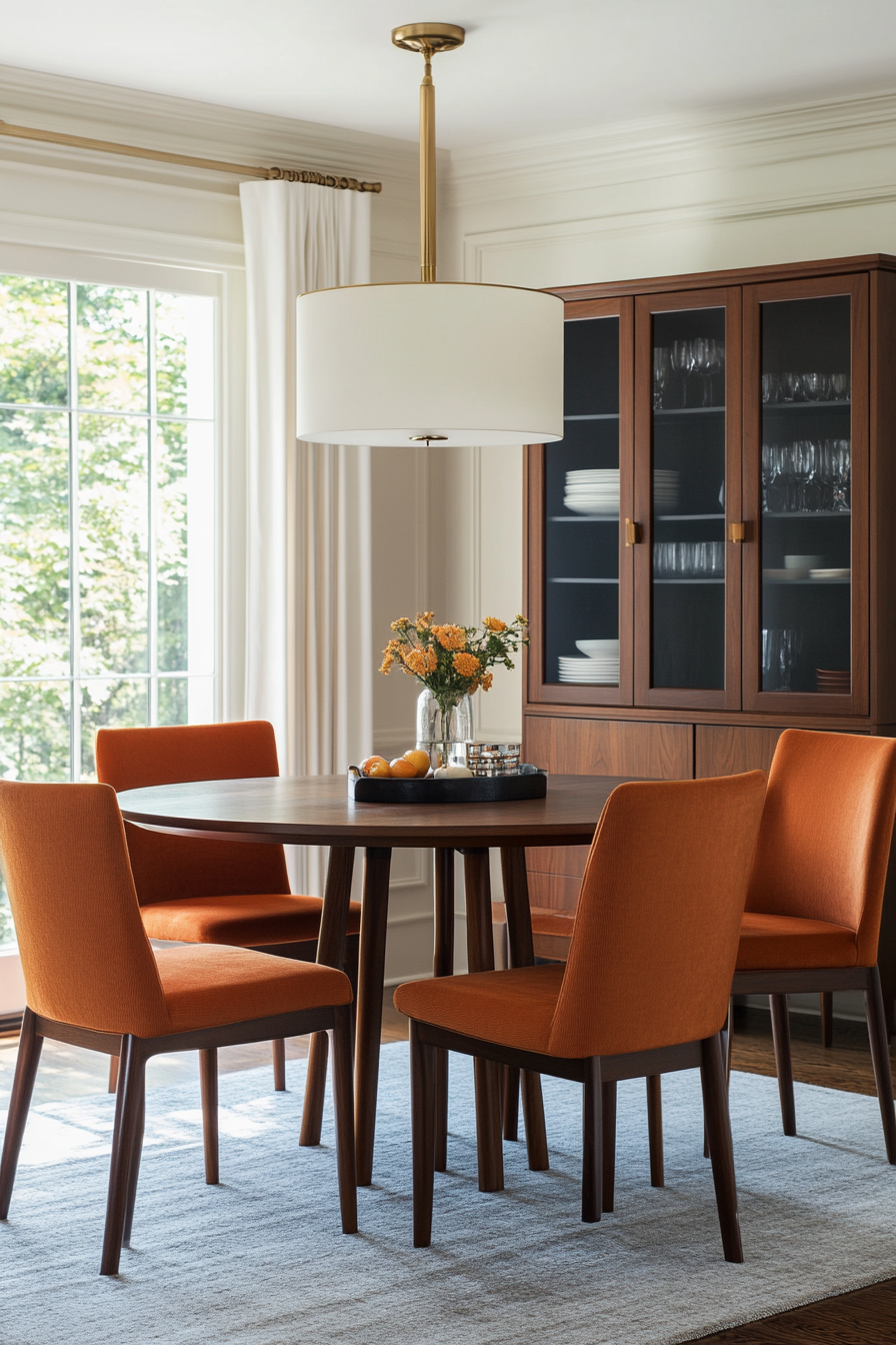 A warm palette of orange, teak, and cream for a cozy mid-century look.