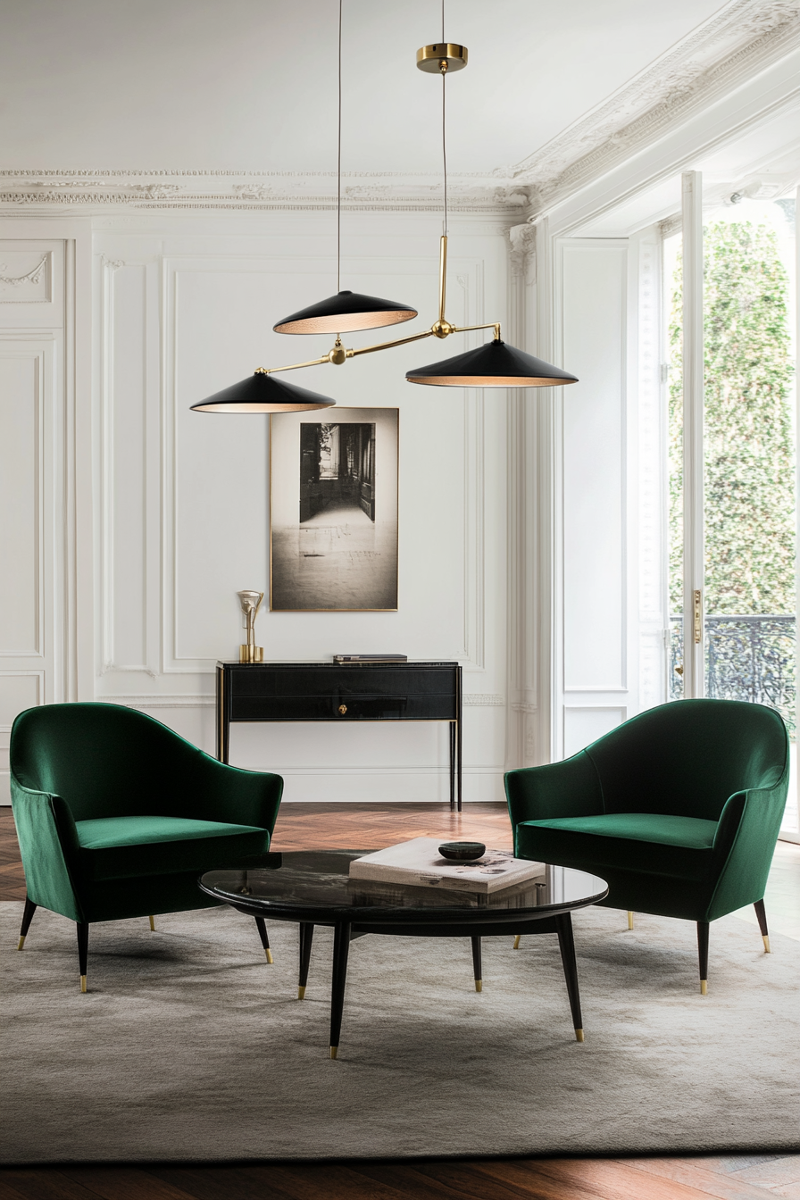 Emerald green and black accents for a sophisticated mid-century space.