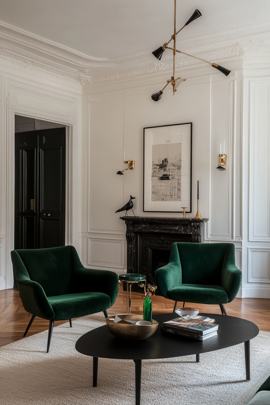Emerald green and black accents for a sophisticated mid-century space.