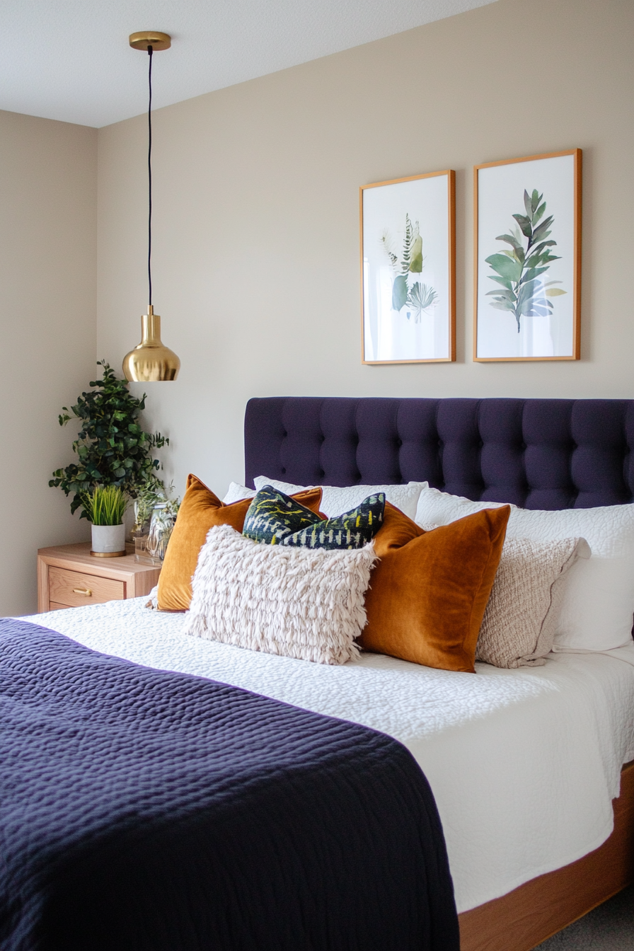 A luxurious mix of purple, tan, and brass for a vintage-inspired space.