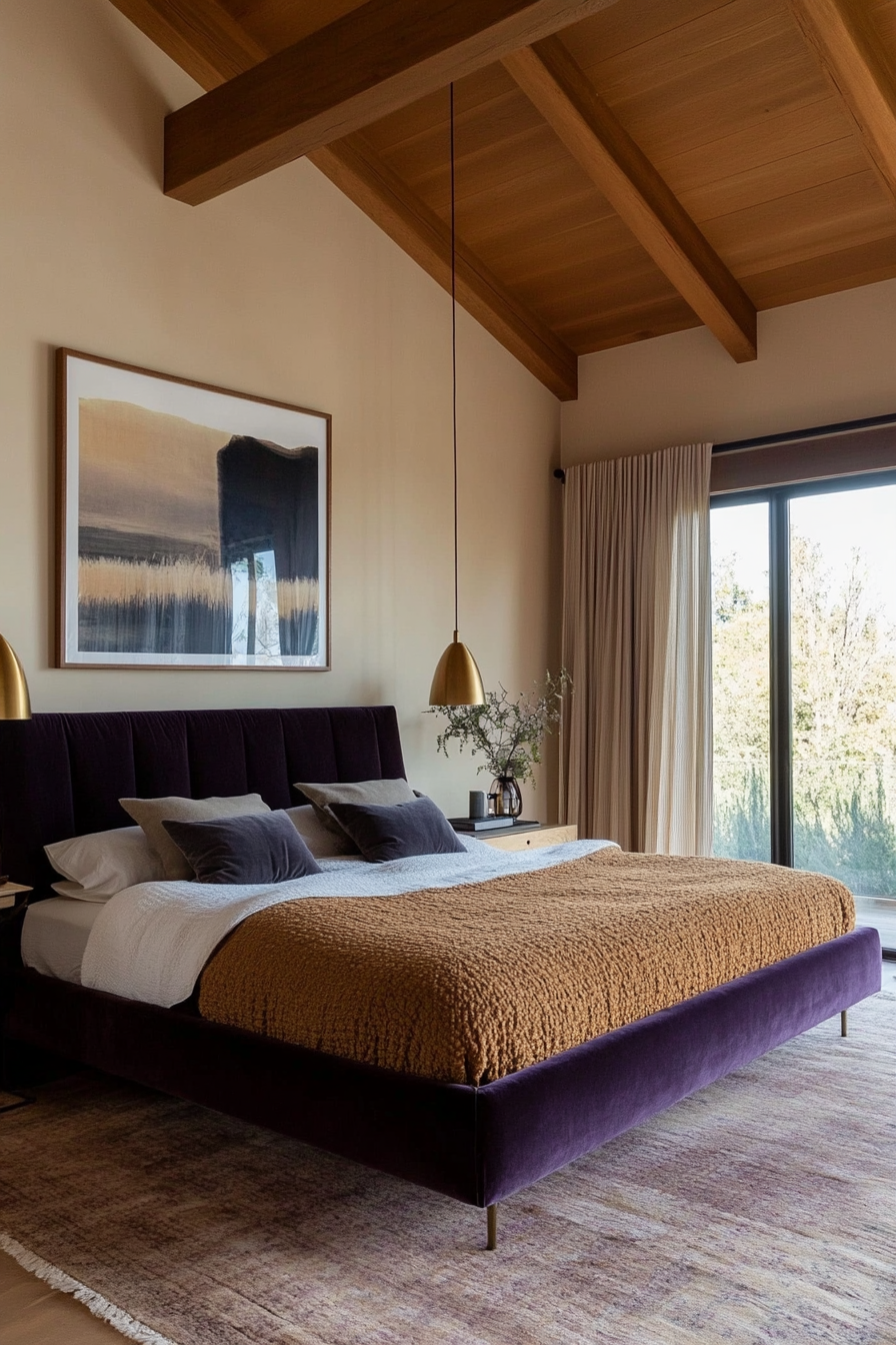 A luxurious mix of purple, tan, and brass for a vintage-inspired space.