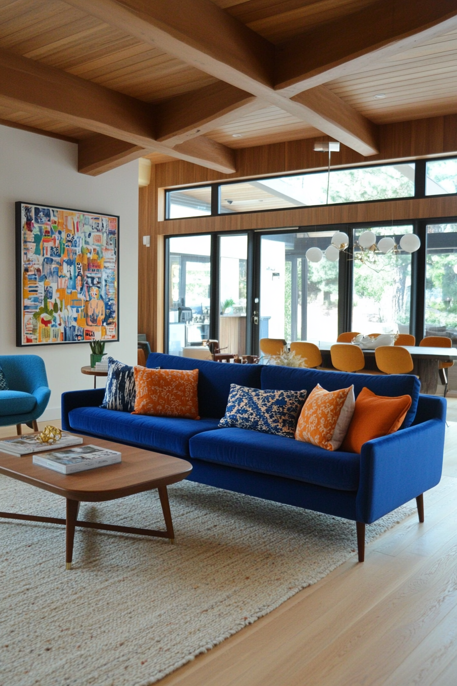 A vibrant mix of cobalt blue and turquoise for a fresh and lively mid-century space.