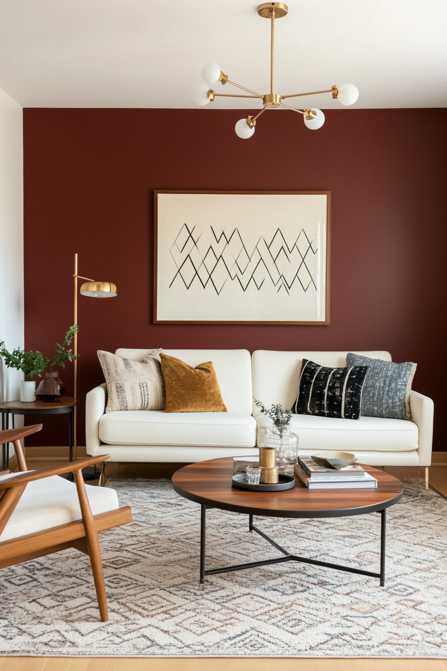 Vibrant maroon and creamy white for a bold yet balanced mid-century look.
