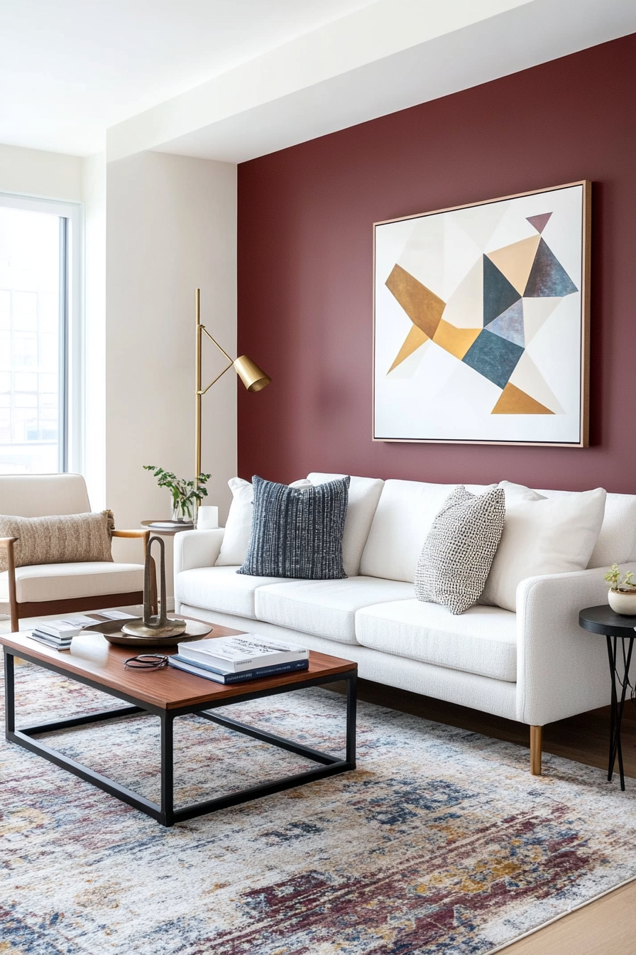 Vibrant maroon and creamy white for a bold yet balanced mid-century look.