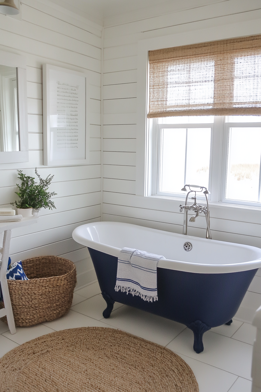 Bright white shiplap walls paired with blue coastal accents