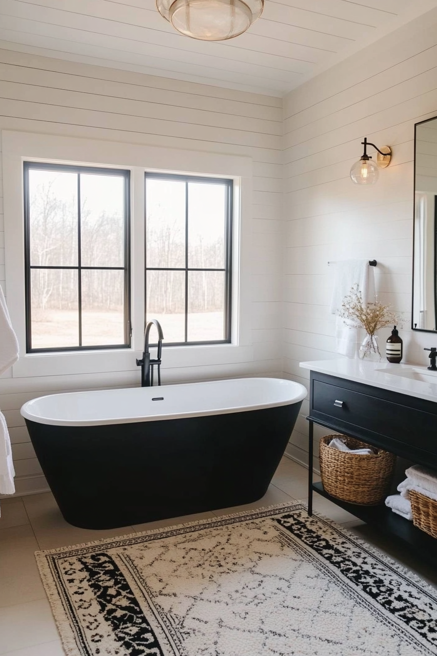 Black and white shiplap bathroom with modern accents