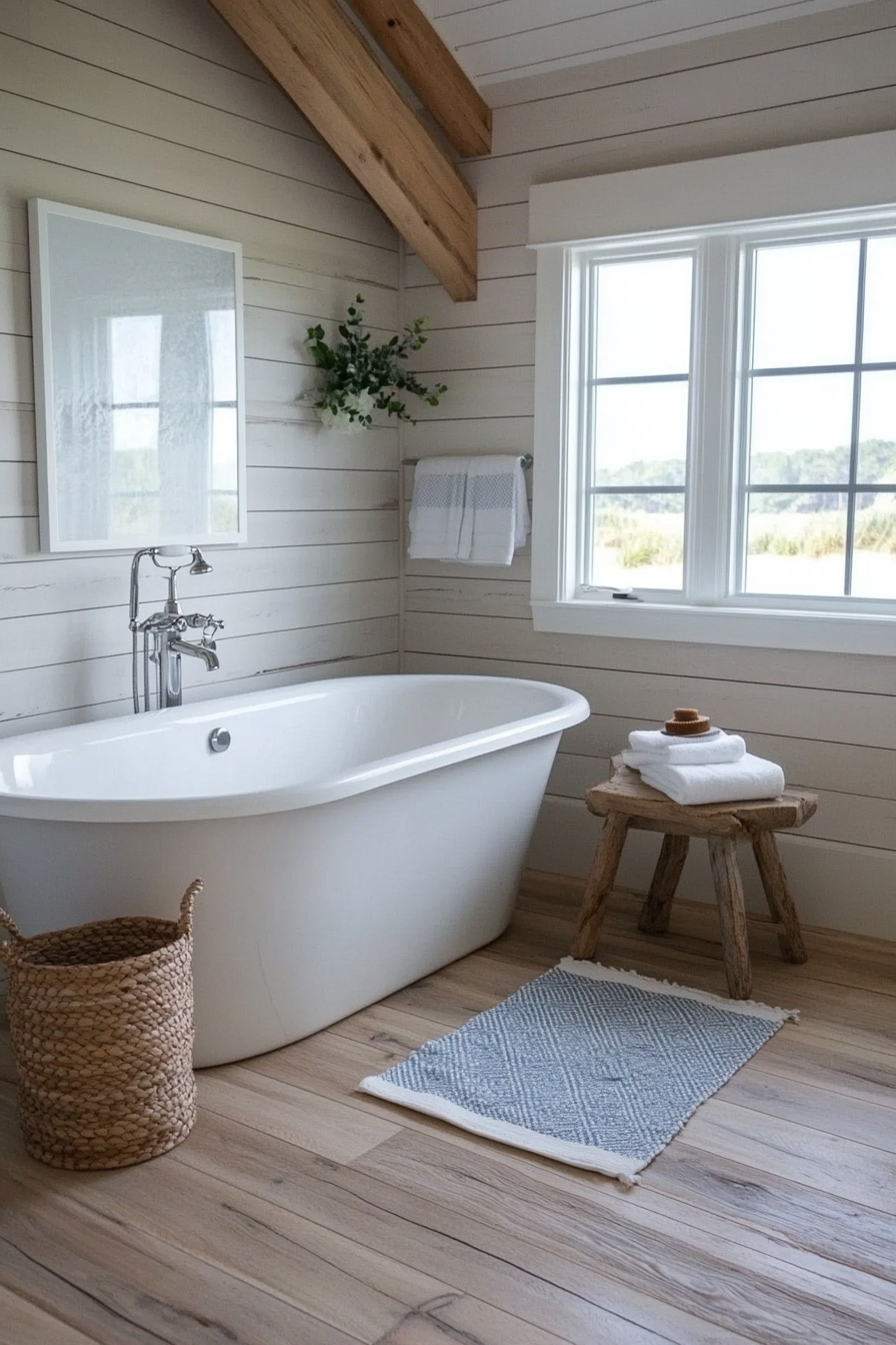 Distressed gray shiplap bathroom with beach-inspired decor