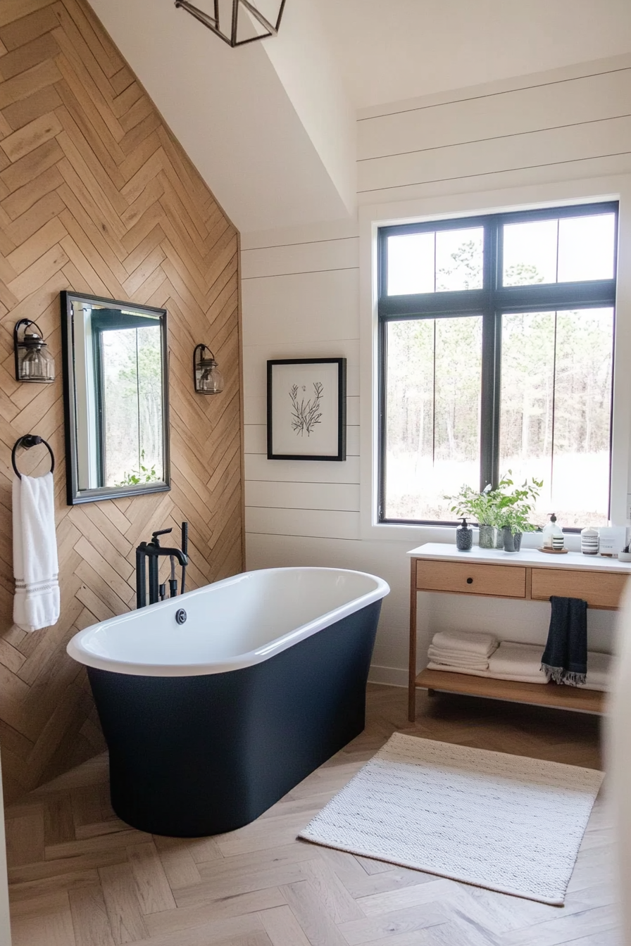 Herringbone pattern shiplap wall with minimalist decor