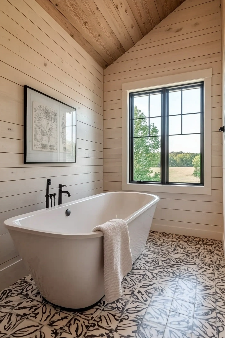 Mixed shiplap and tile bathroom design with modern accents