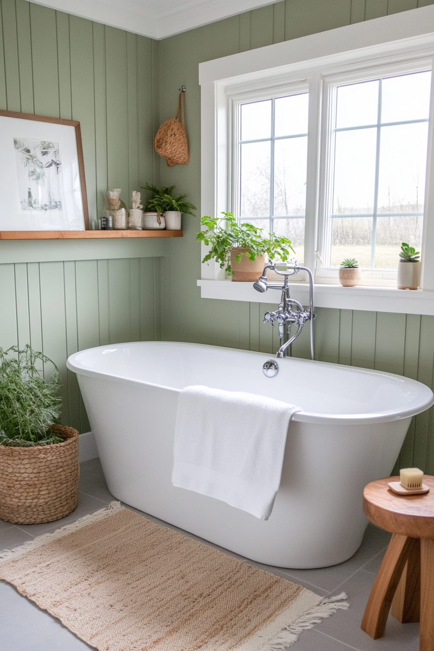 Soft sage green shiplap bathroom with natural accents