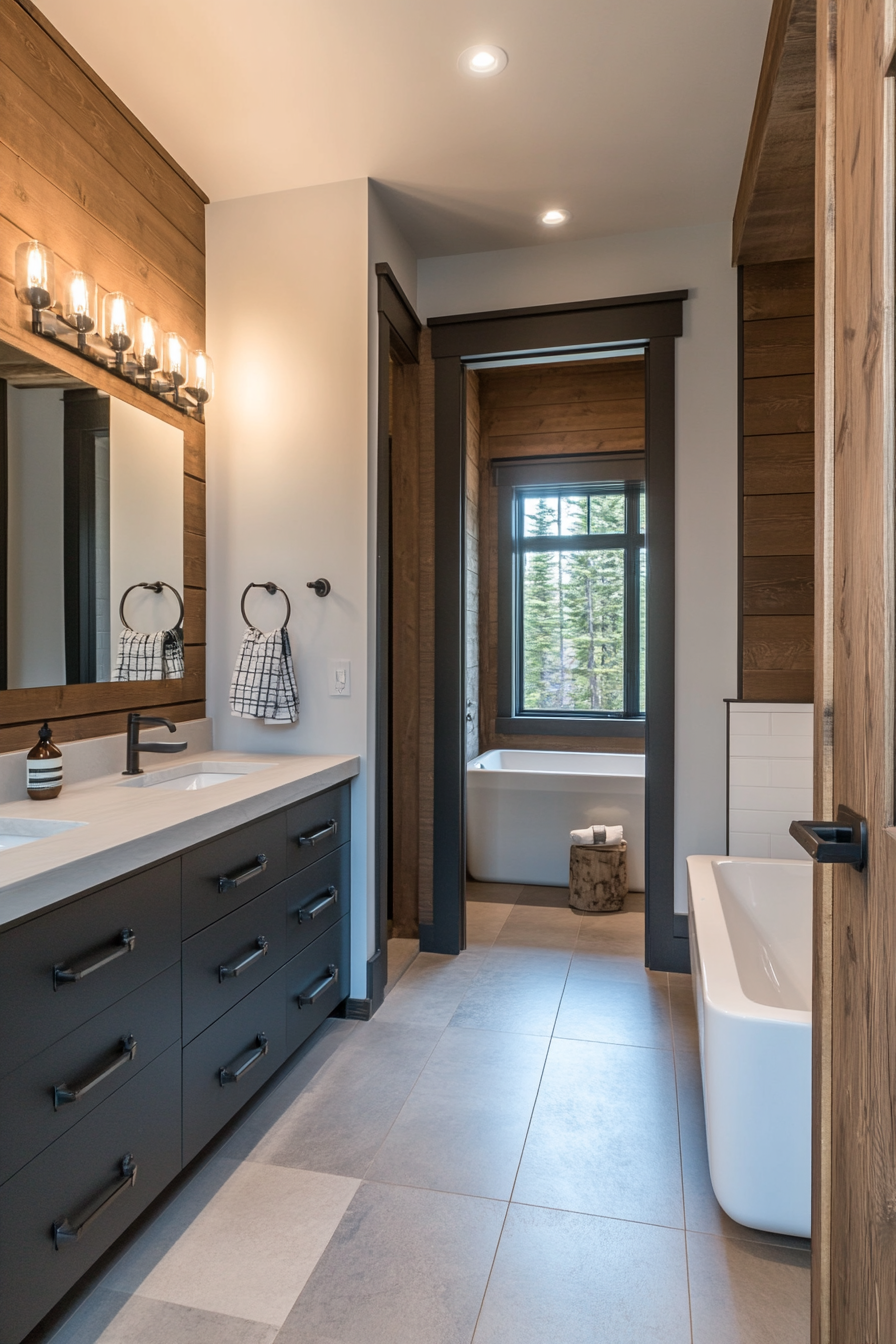 Industrial shiplap bathroom with dark tones and raw finishes
