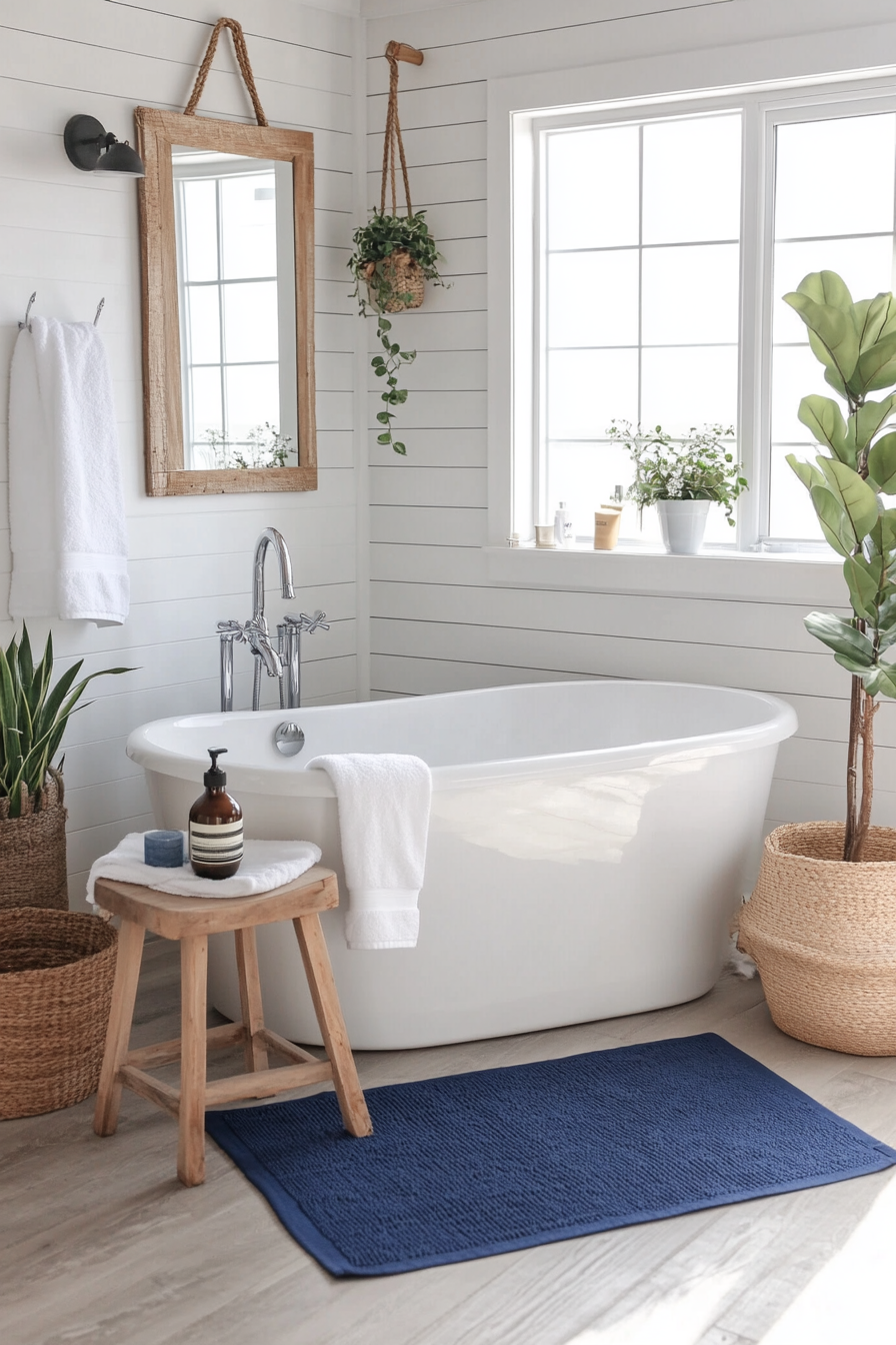 Bright white shiplap walls with blue coastal decor accents