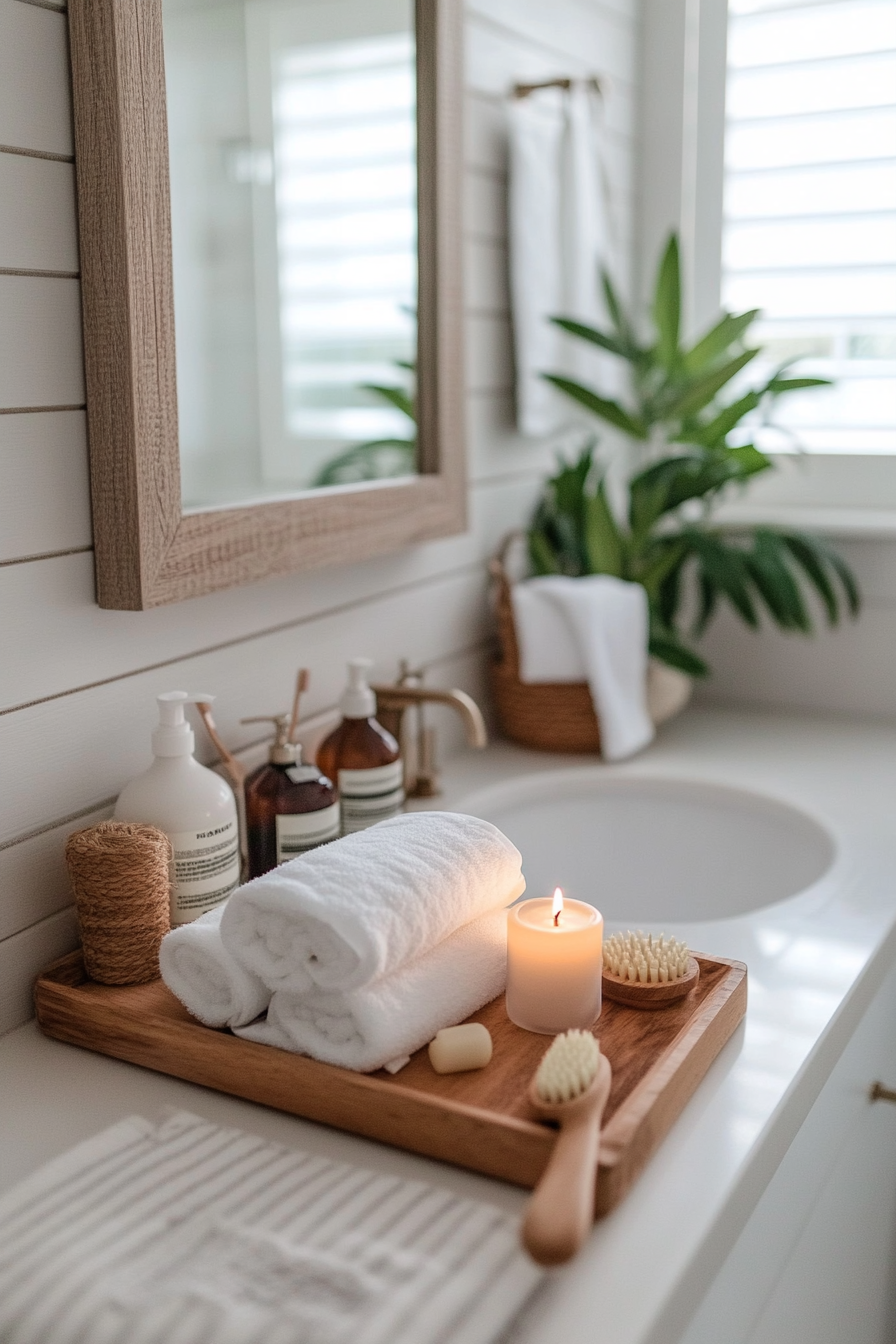 Soft gray shiplap walls creating a spa-like retreat