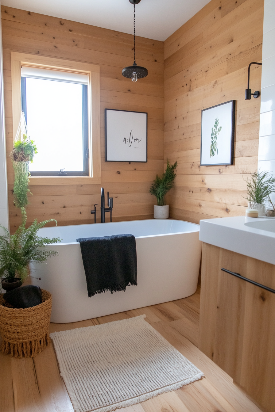 Warm natural wood shiplap in bathroom with earthy accents