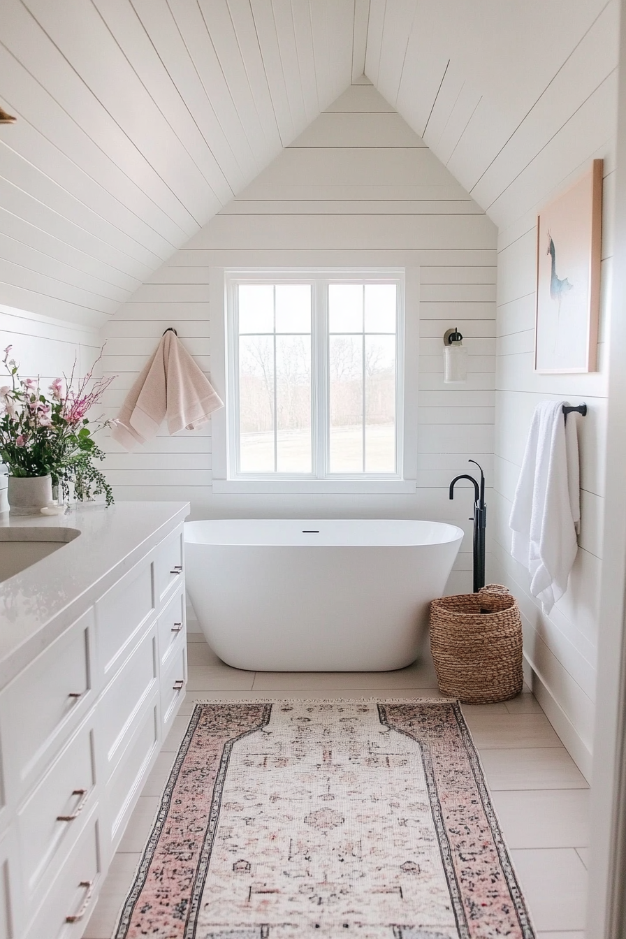 Bright white floor-to-ceiling shiplap for a clean and elegant bathroom