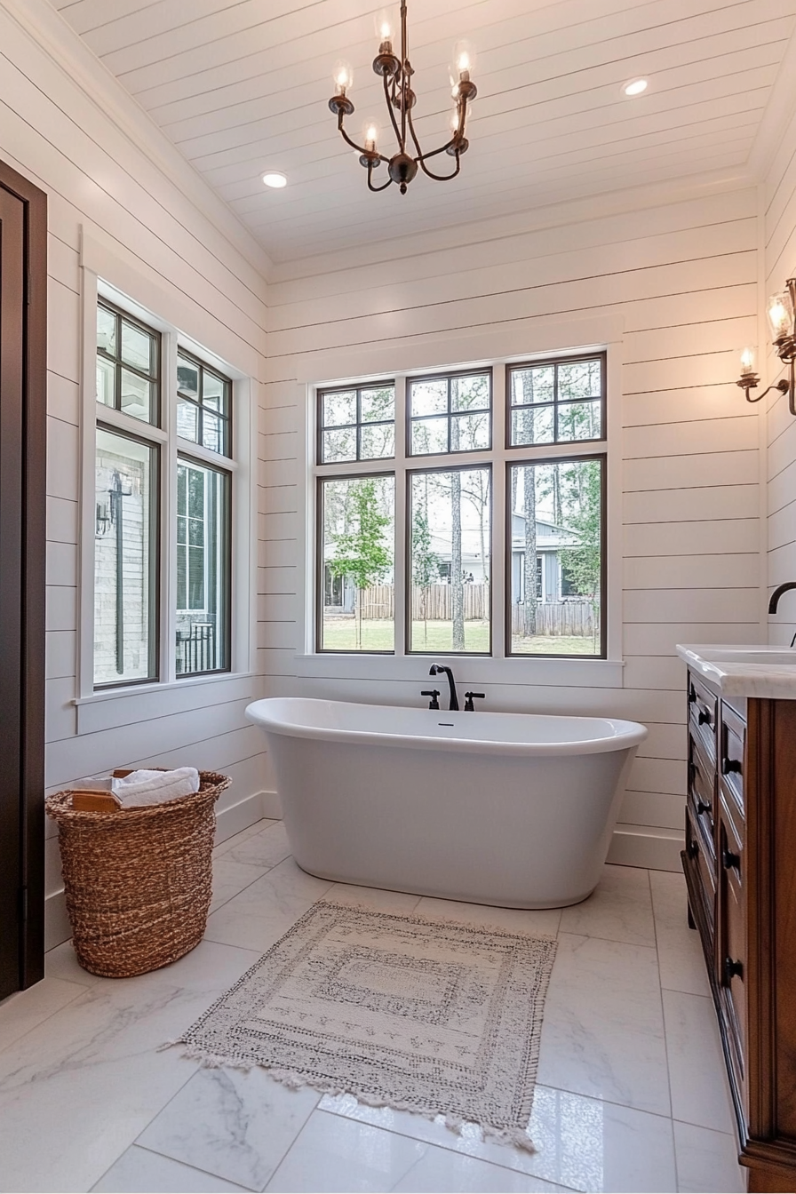 Pure white shiplap walls from floor to ceiling with minimal decor