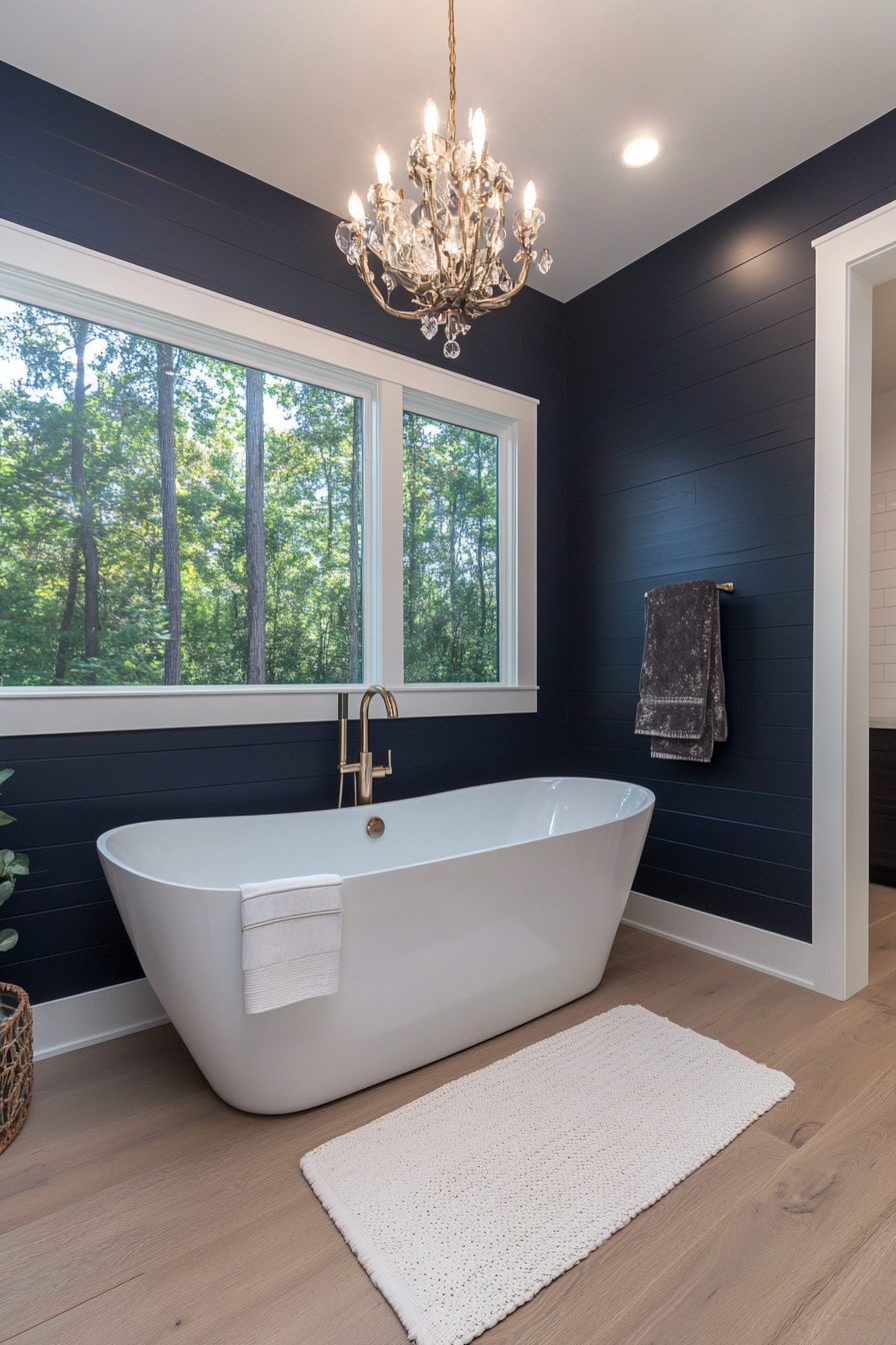 Richly colored shiplap accent wall with metallic decor