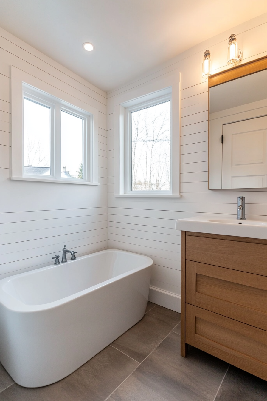 Minimalist stark white shiplap bathroom with clean decor