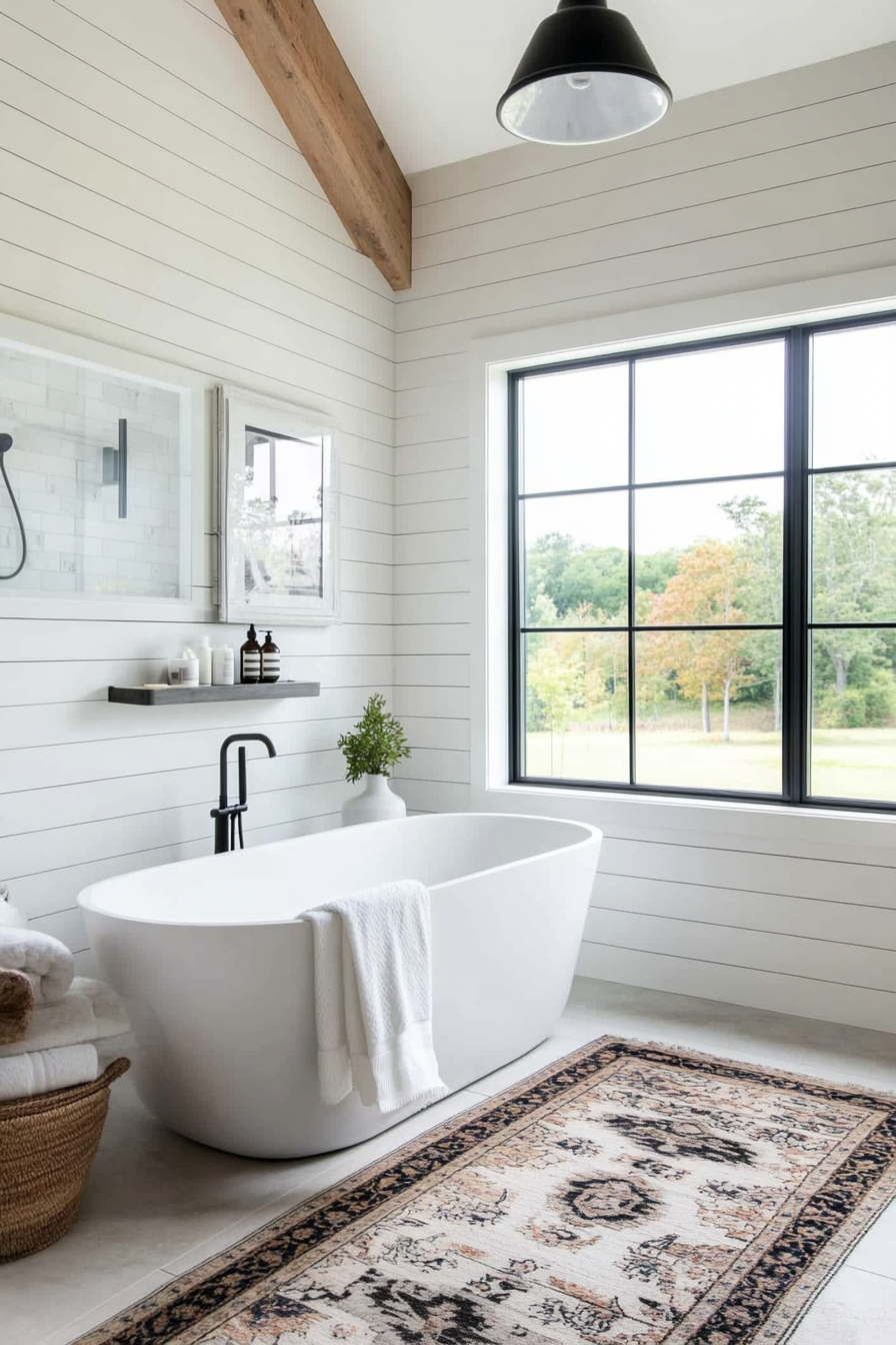 Minimalist white shiplap bathroom with modern accents