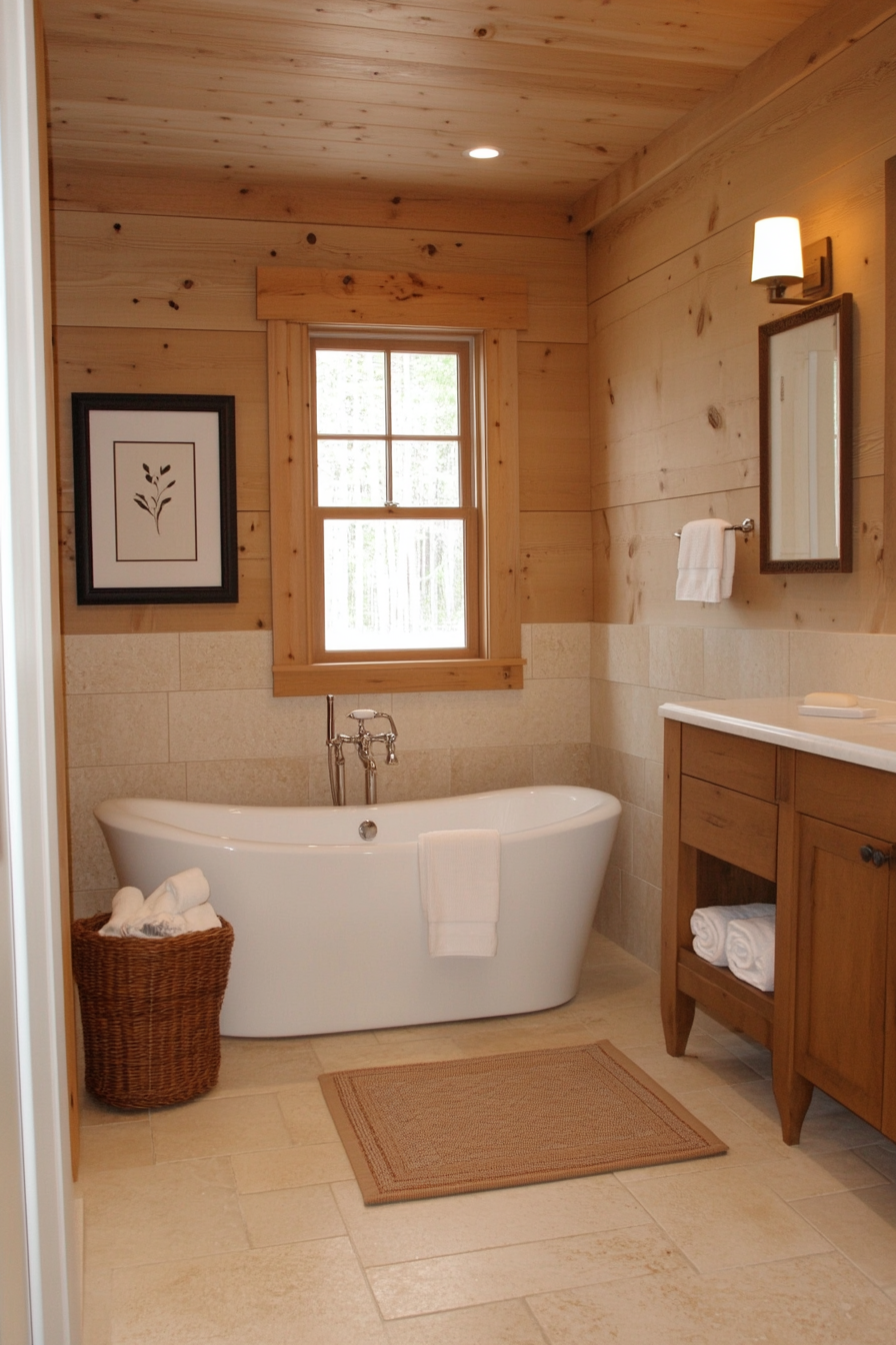 Warm beige shiplap bathroom with inviting decor