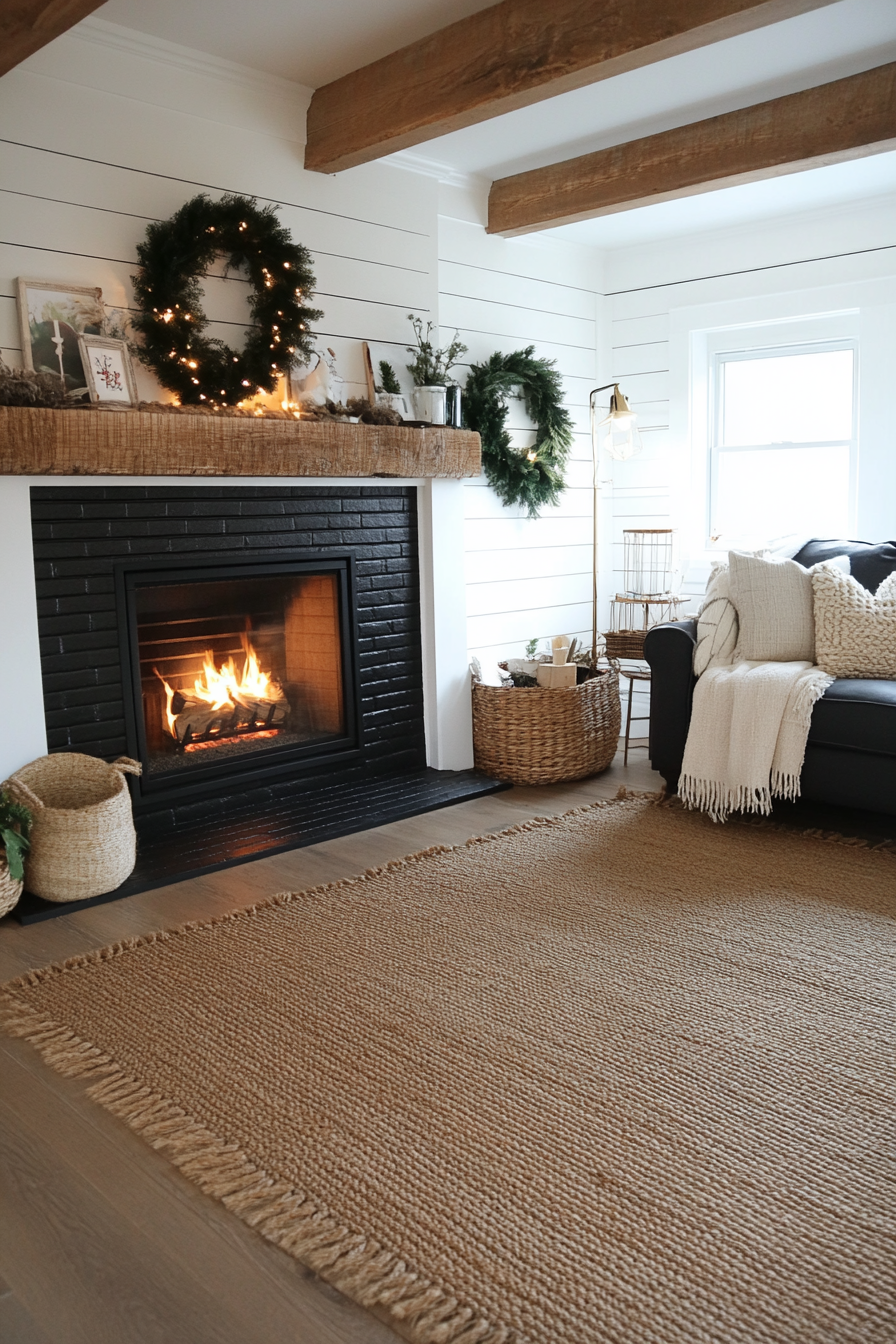 Modern farmhouse black brick fireplace