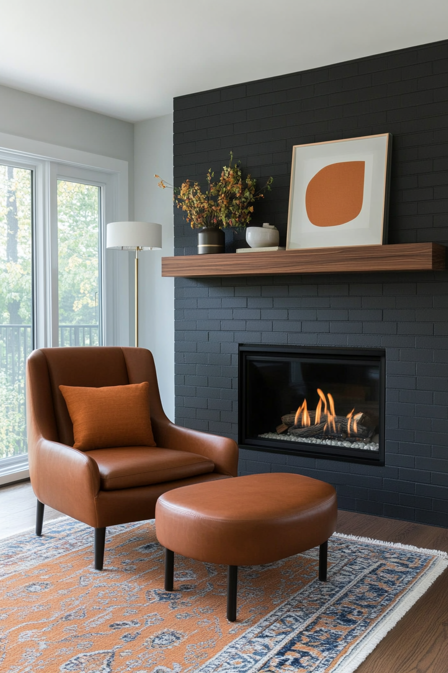 Sleek black bricks with floating wood shelf