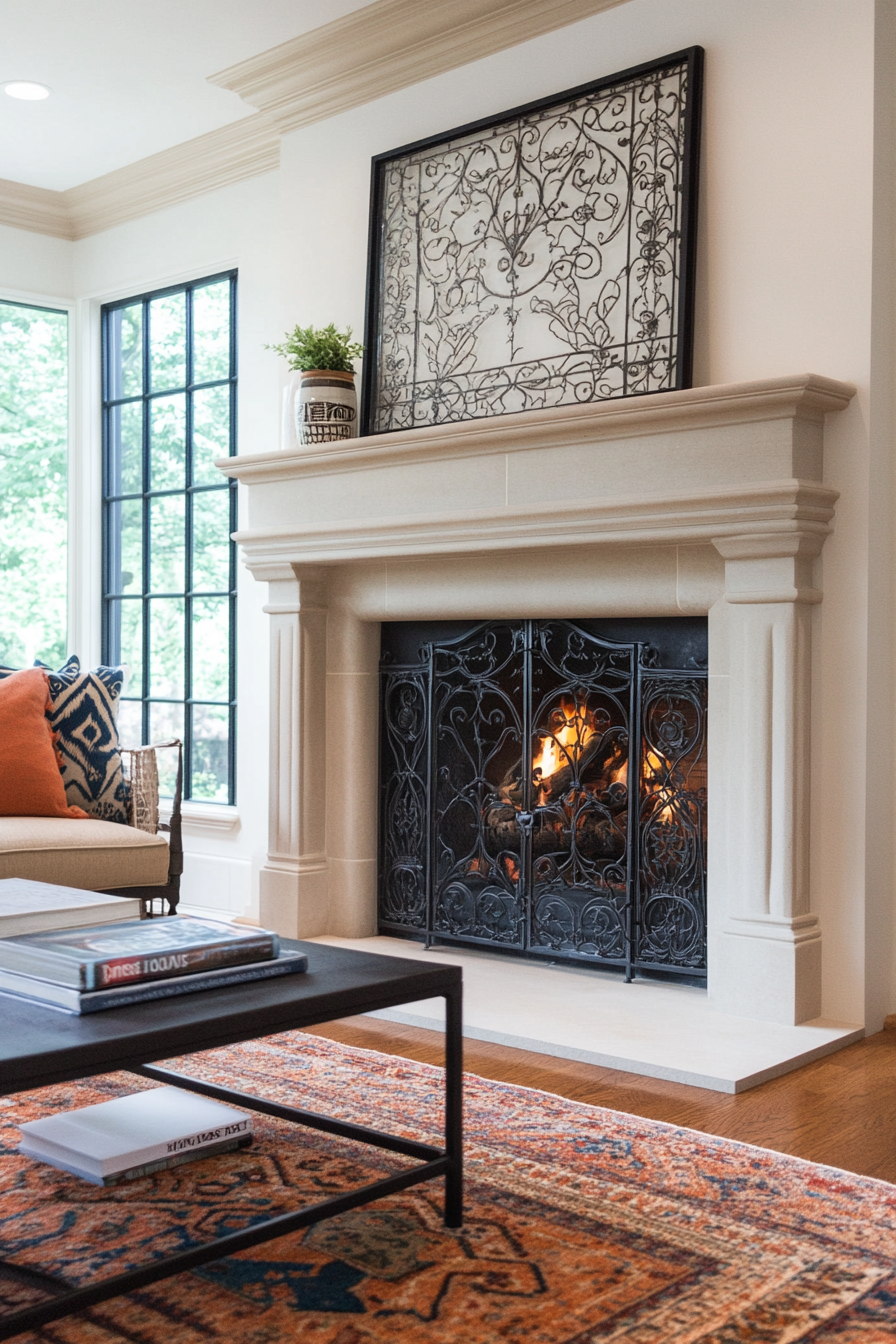 Vintage black fireplace with ornate screen