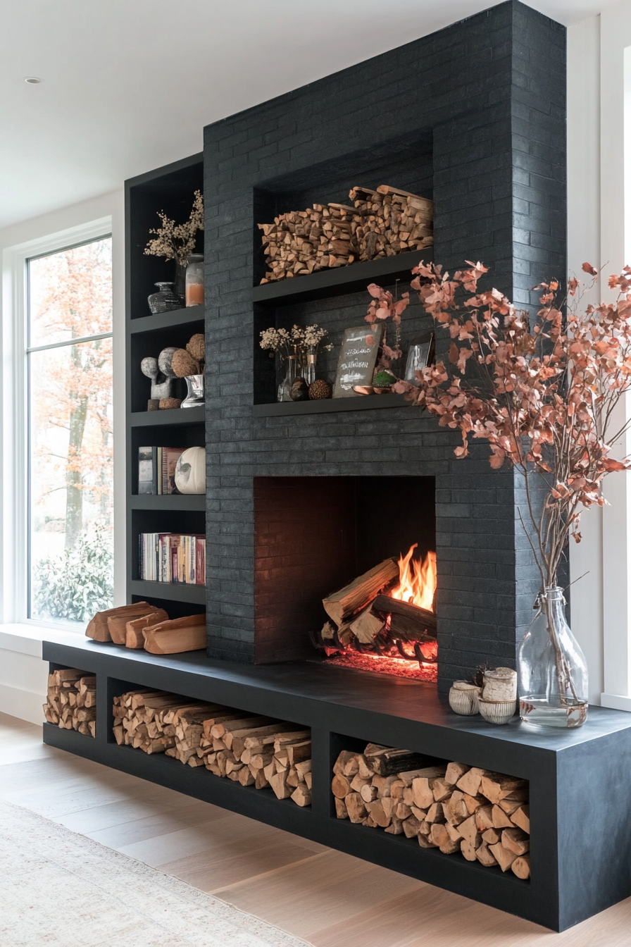 Black brick fireplace with storage cubbies