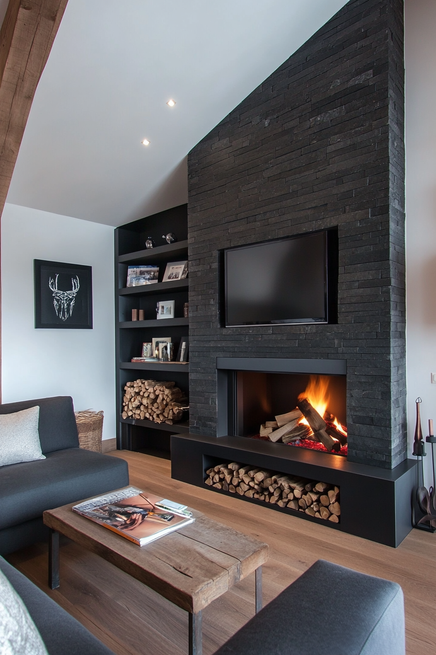 Close-up of built-in cubbies in a black brick fireplace