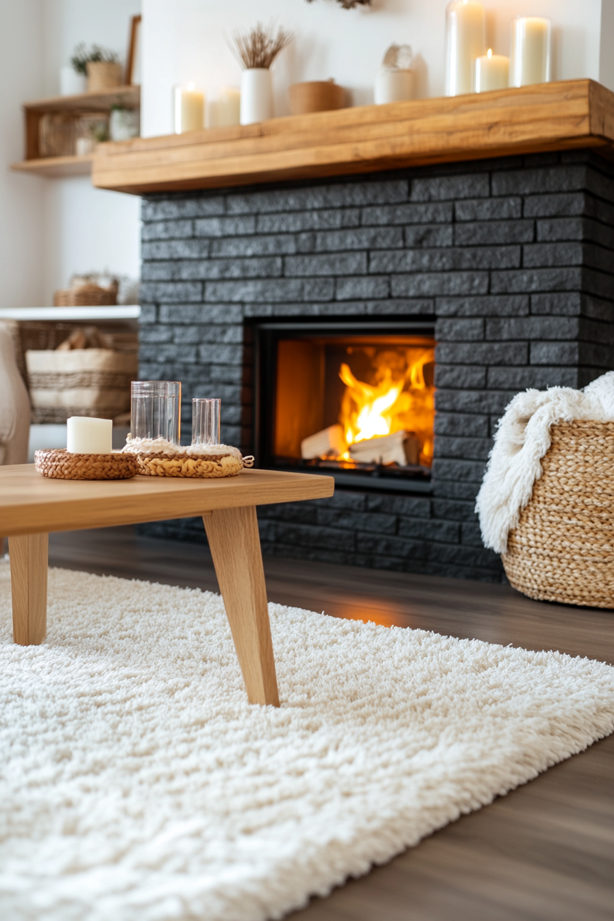 Textured black brick fireplace for cozy ambiance