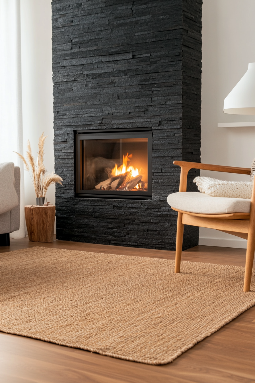 Close-up of textured black bricks and cozy decor