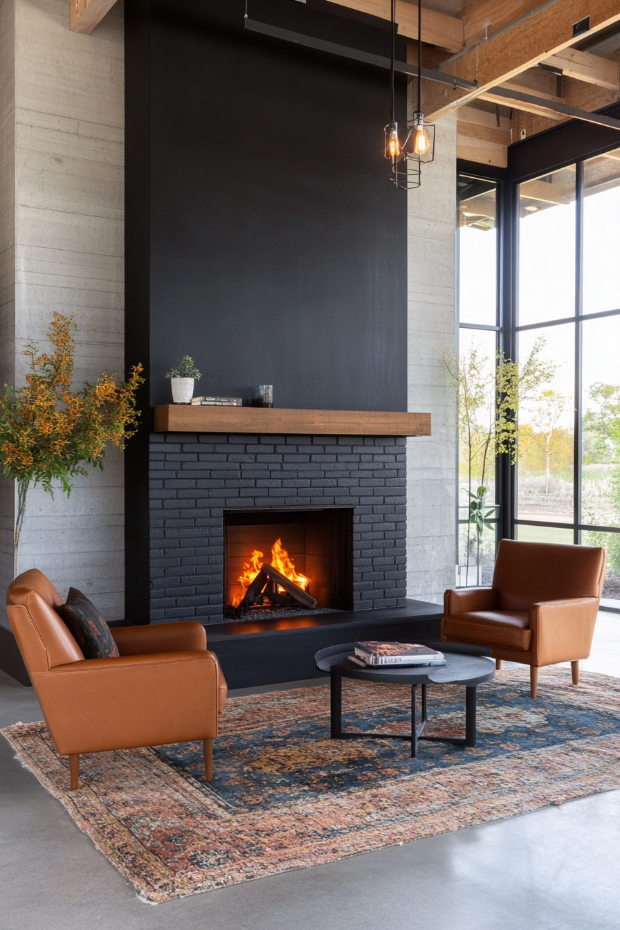 Industrial black bricks with exposed steel frame