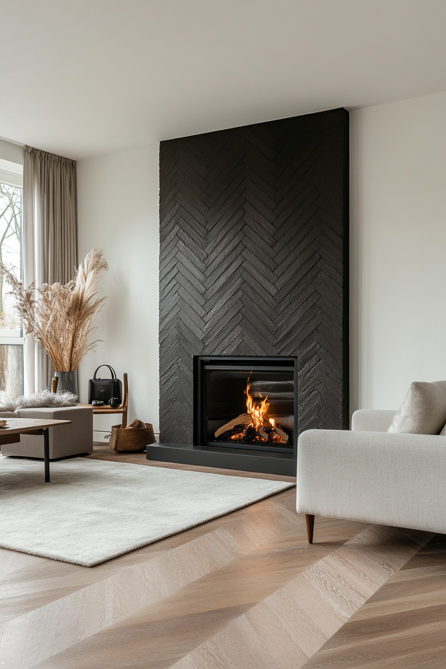 Black bricks in a herringbone pattern
