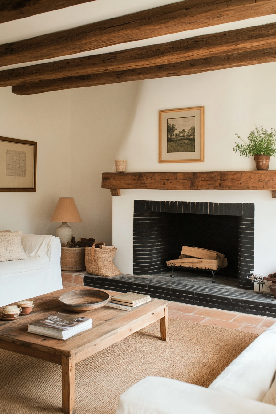 Rustic black bricks with reclaimed wood mantle