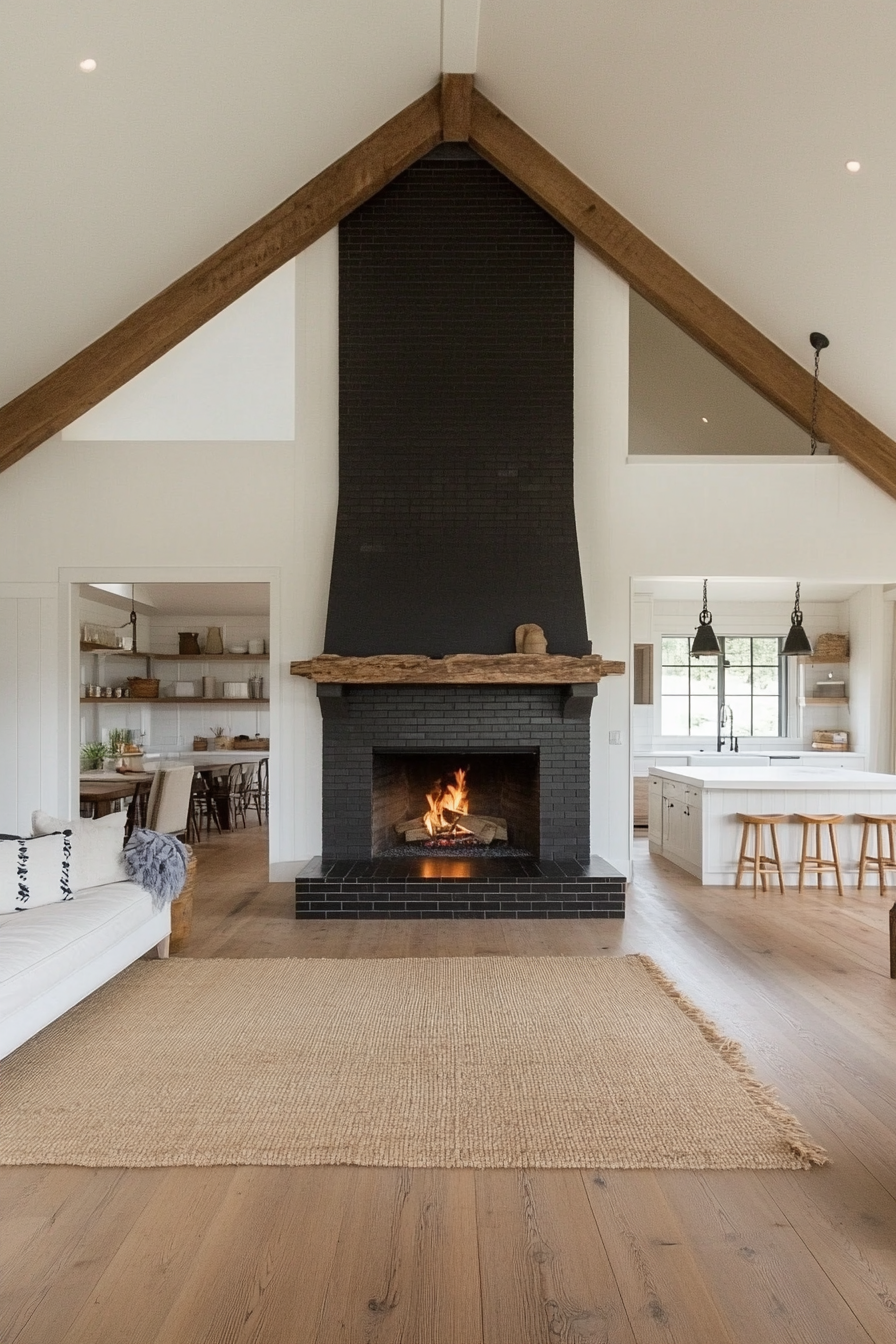 Close-up of black brick and reclaimed wood mantle