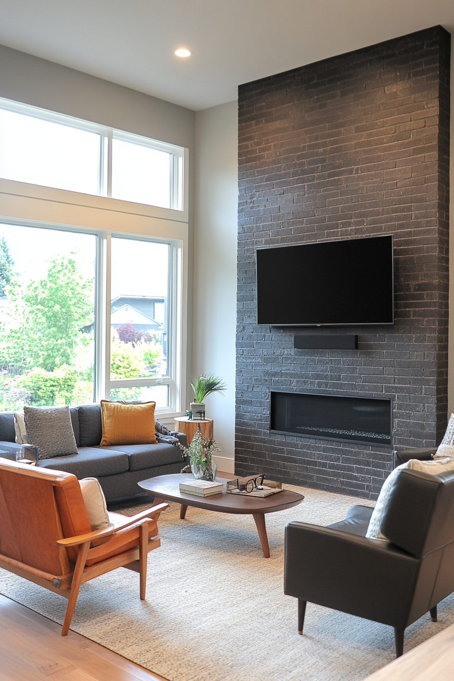 Two-tone black and gray brick fireplace