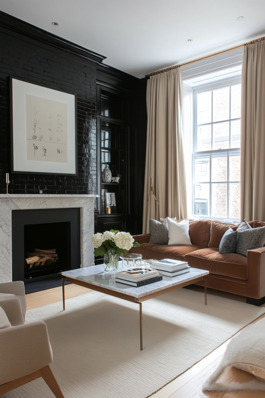 Glossy black bricks with marble hearth