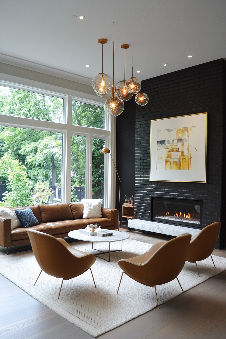 Reflective black bricks with marble hearth detail