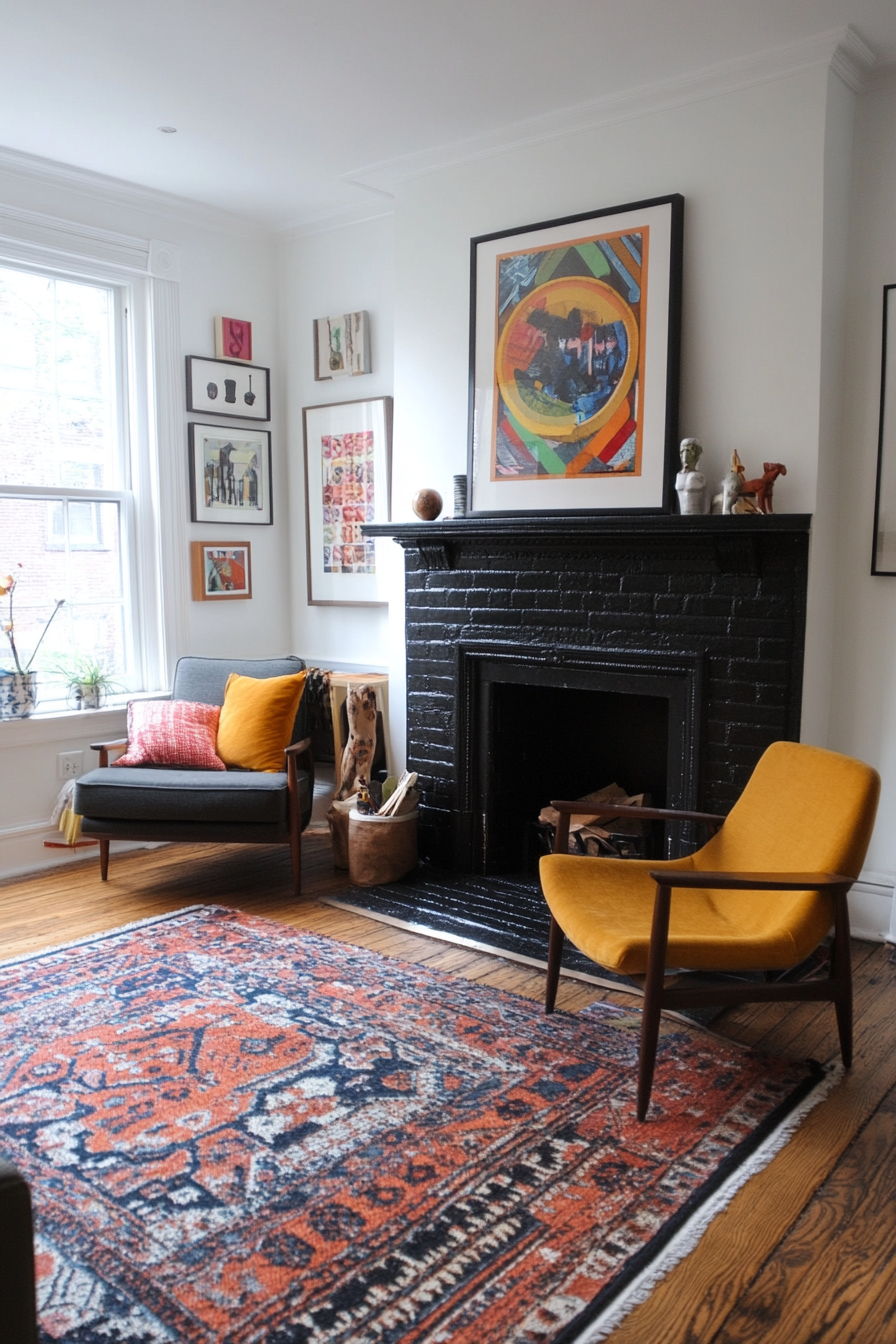 Close-up of bold artwork above black brick fireplace