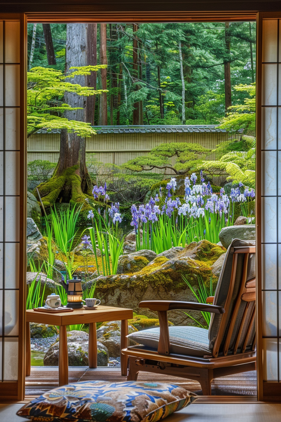 Japanese reading nook with large sliding doors opening to a garden with iris flowers