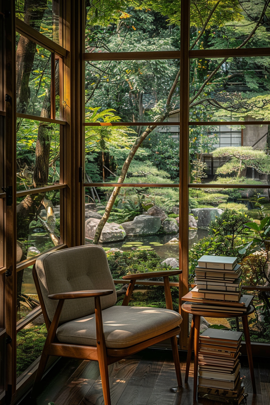Japanese reading nook with large sliding doors opening to a garden with iris flowers