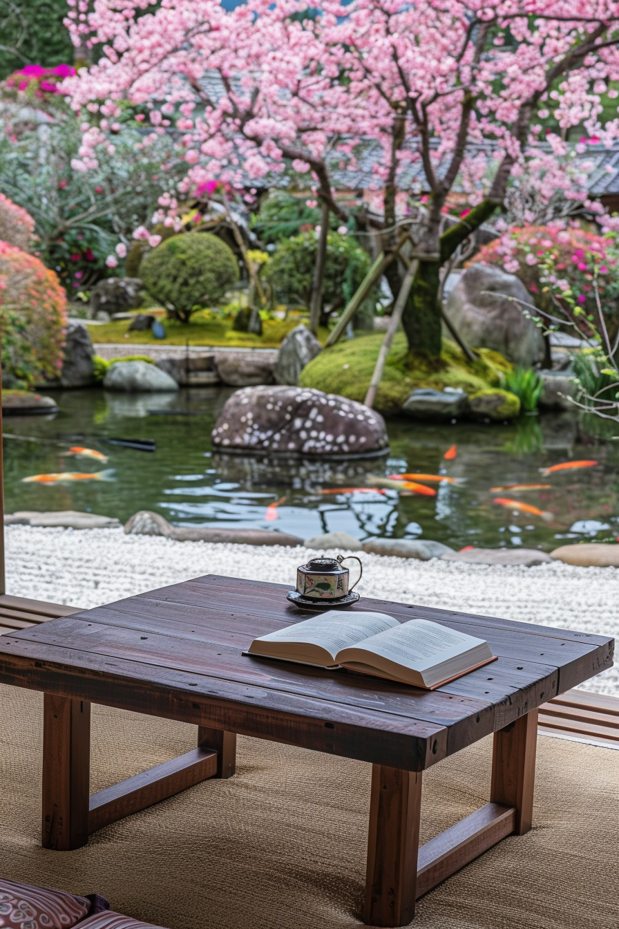 Japanese reading nook with a central view of a cherry blossom tree