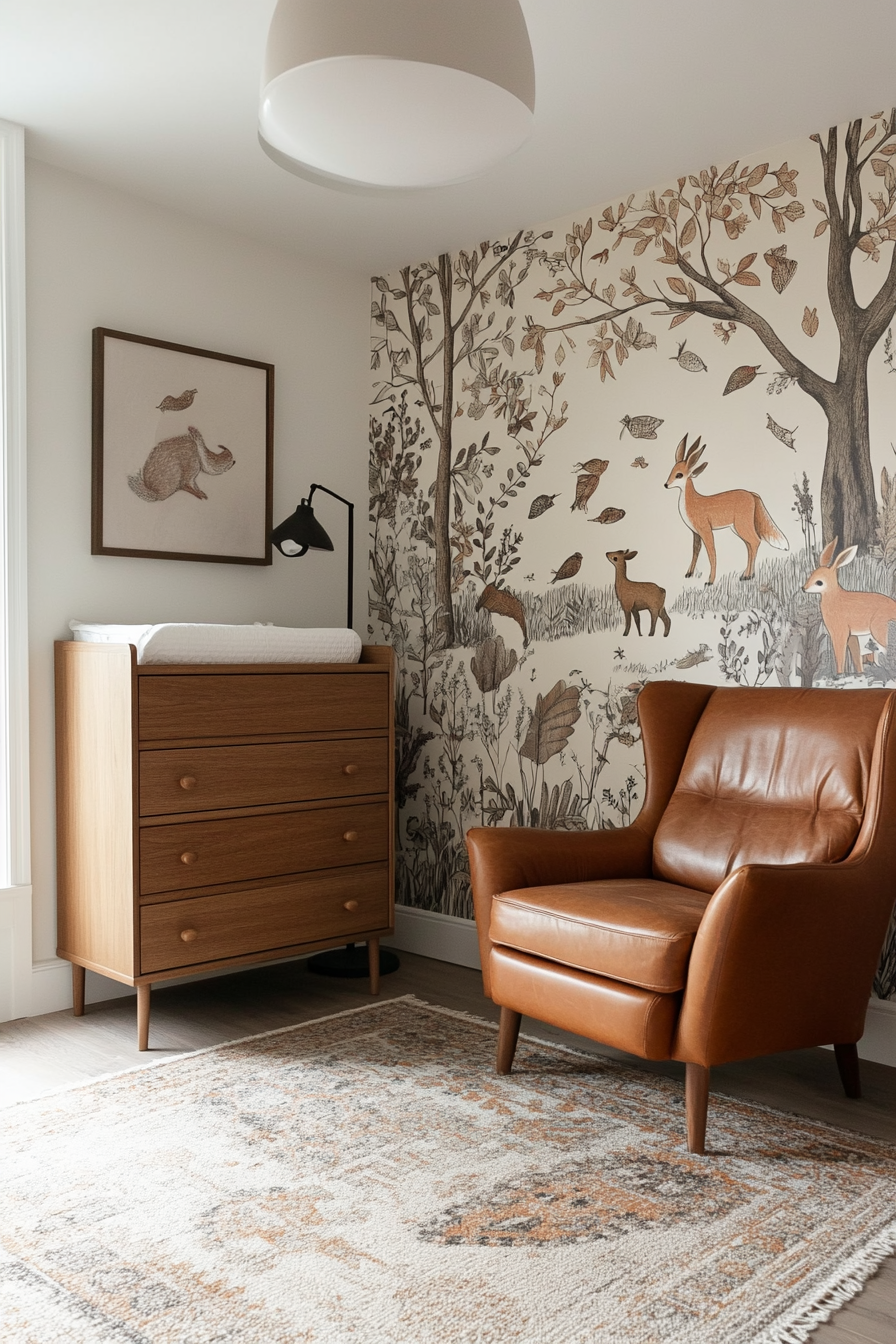 Cute forest animals and greenery on a nursery wall