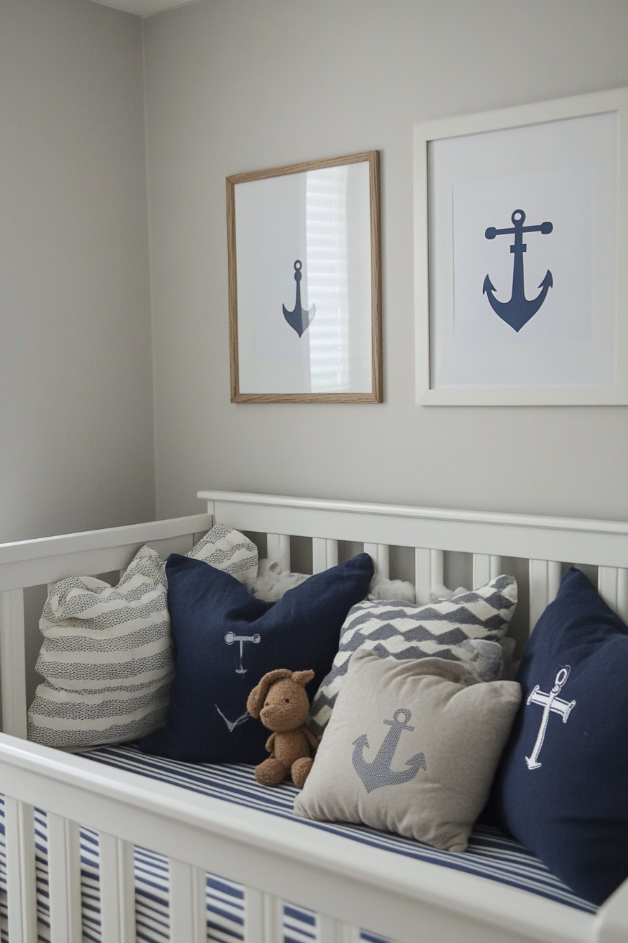 Striped wall with an anchor decal in a nursery