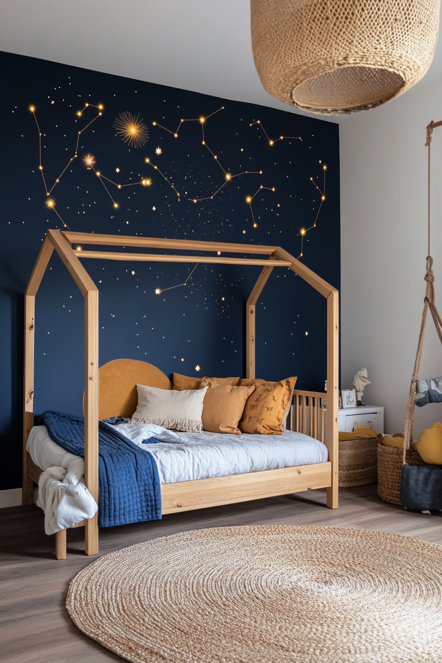 Night sky mural with constellations and stars