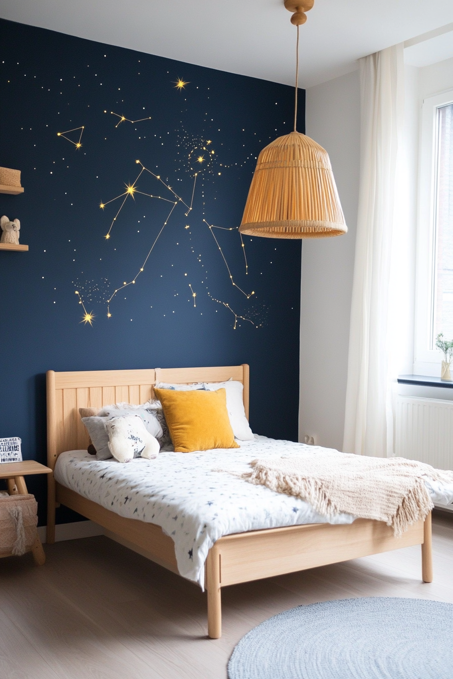 Glowing stars on a dark blue accent wall