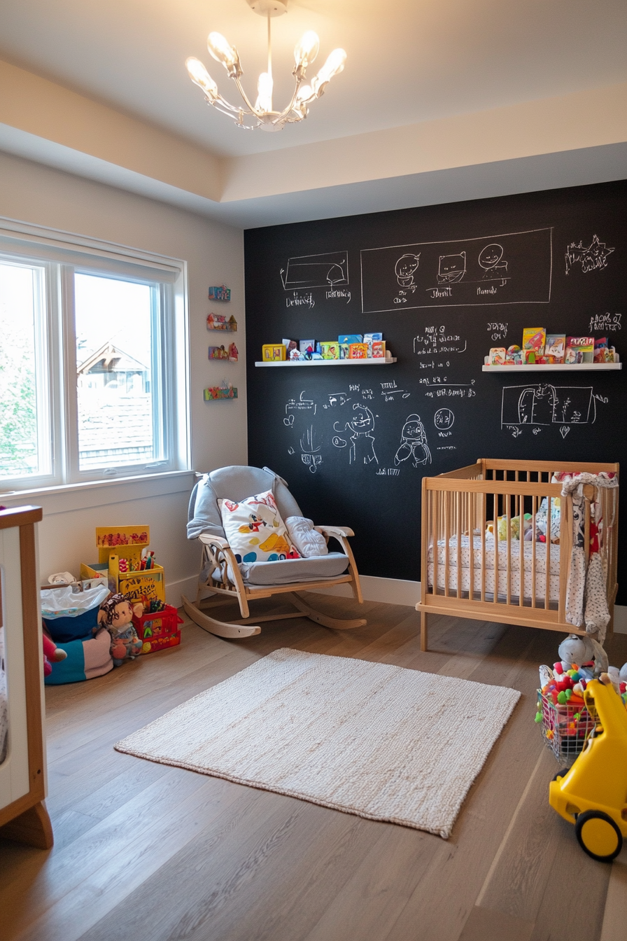 Chalk-drawn doodles on a nursery chalkboard wall